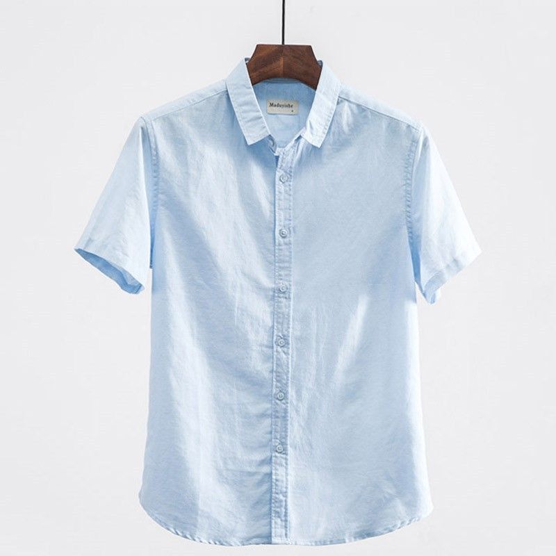 Herrenbekleidung Sommer Casual Square Collar Leinen Kurzarmhemd Dünn Atmungsaktiv Lose Große Größe Baumwolle Und Leinen Weißes Hemd_voghion.com