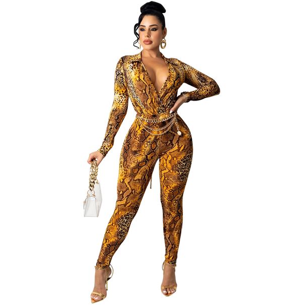 Set aus Oberteil und Hose mit V-Ausschnitt im Boho-Print – Fließendes Lounge-Ensemble mit langen Ärmeln (Gelb/Braun/Schlangenmuster, S-XXL)_voghion.com