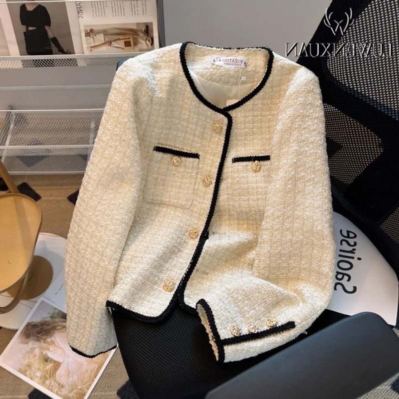 Damenbekleidung Jacke für Damen Herbst und Winter Neuer Stil College-Stil Promi-Tweed-Baumwolloberteil_voghion.com