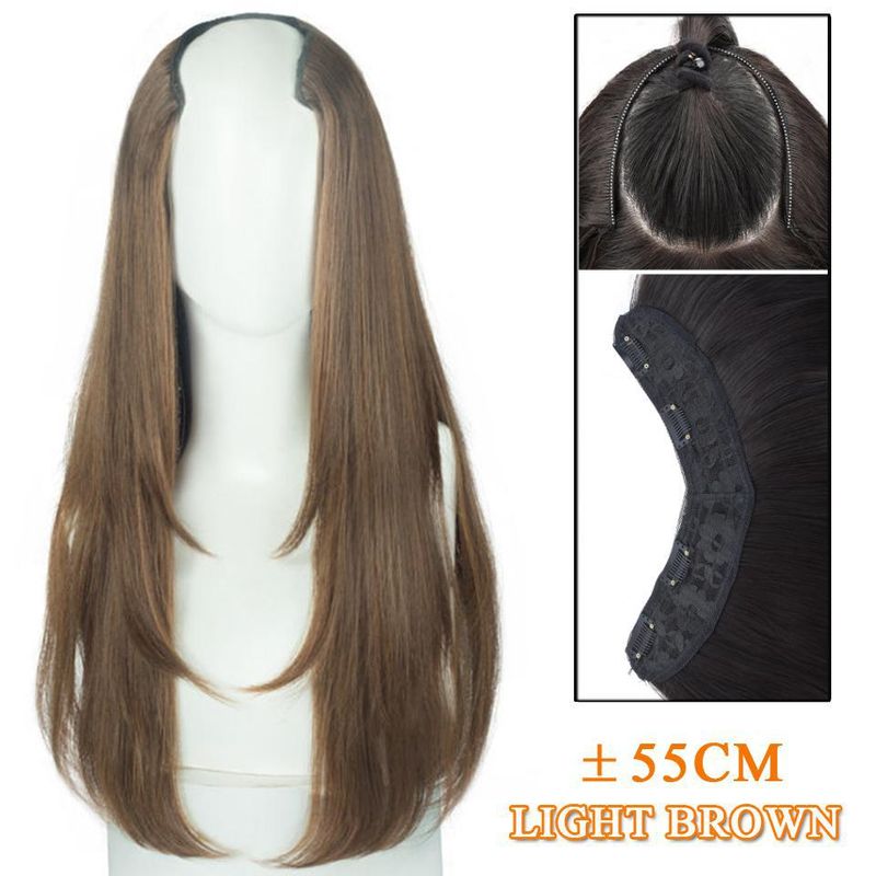 Extensions de cheveux longs pour femmes, perruques en fibre chimique monobloc en forme de V, cheveux mi-longs superposés_voghion.com