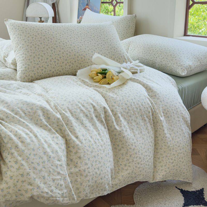 Conjunto de quatro peças de algodão pequeno, fresco, fio duplo, algodão puro, dormitório infantil, colcha de três peças, roupa de cama_voghion.com