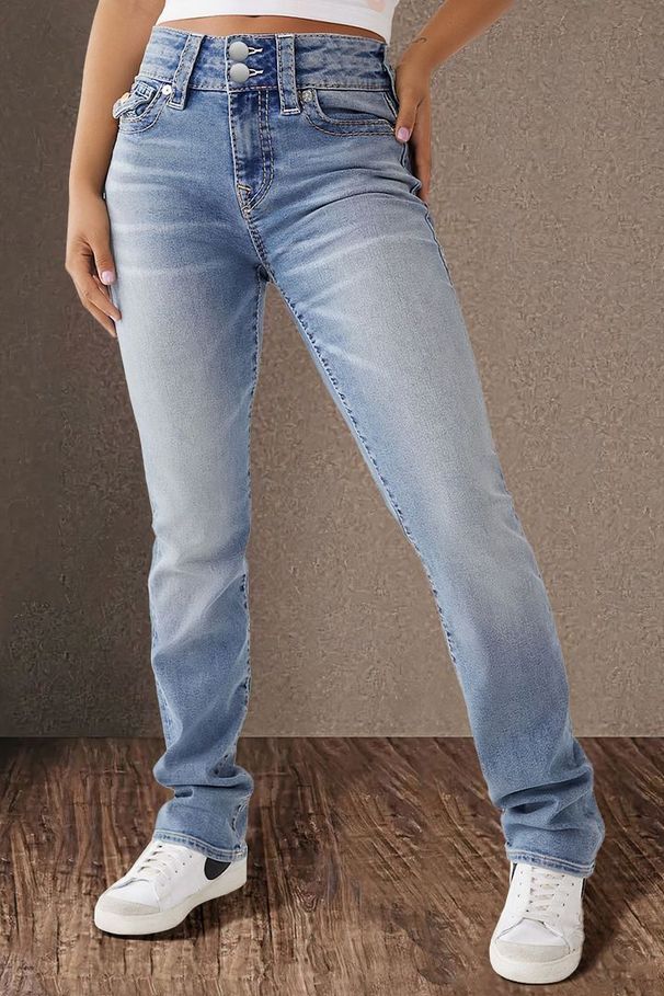 Double Button Mid Waist Straight Jeans Women's Slim Temperament Pants_voghion.com
