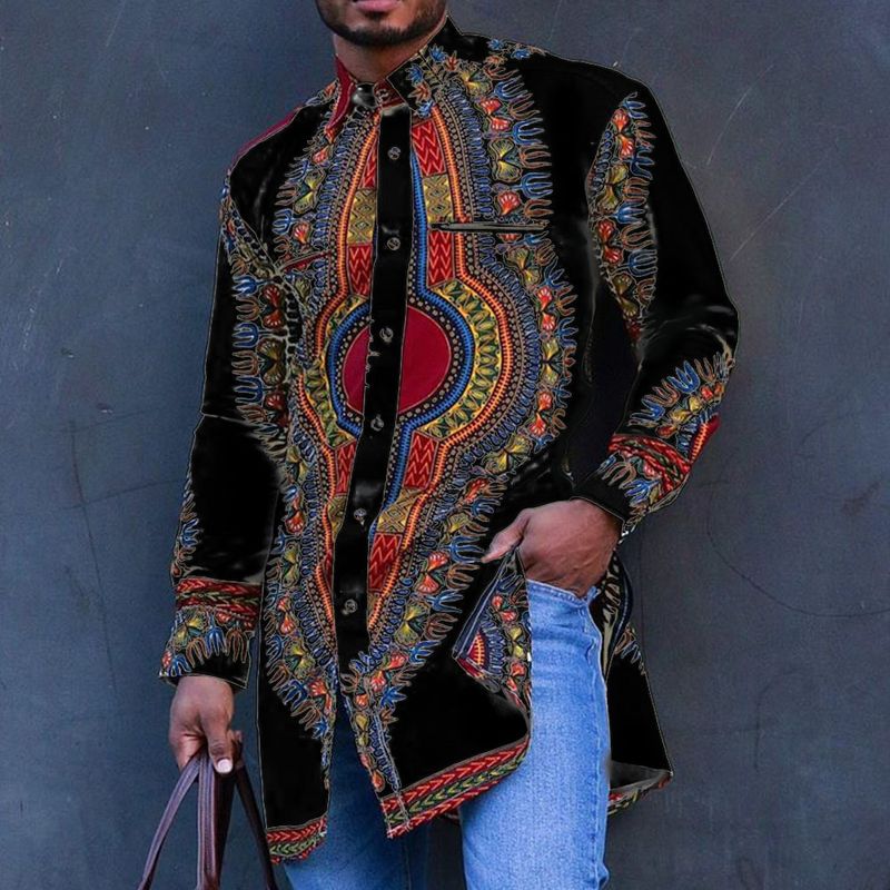 Chemise mi-longue à imprimé numérique ethnique pour hommes_voghion.com