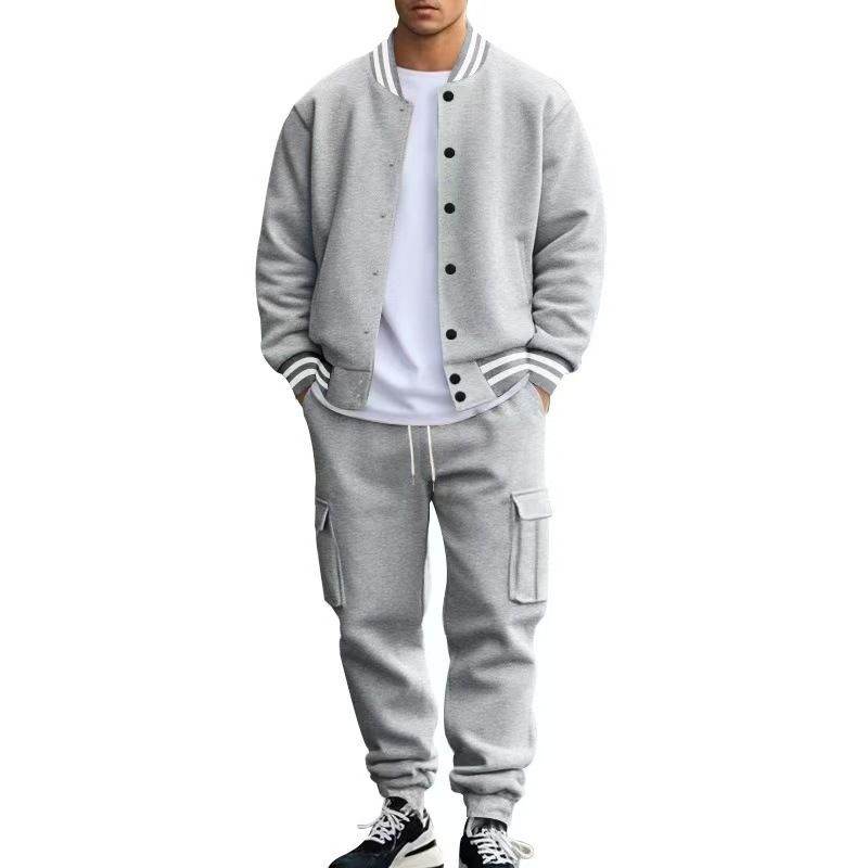 ​​Herren-Set aus Fleece-gefütterter Baseballjacke und -hose – Wintertaugliche Freizeitsportbekleidung mit Stehkragen und entspannter Passform​​_voghion.com