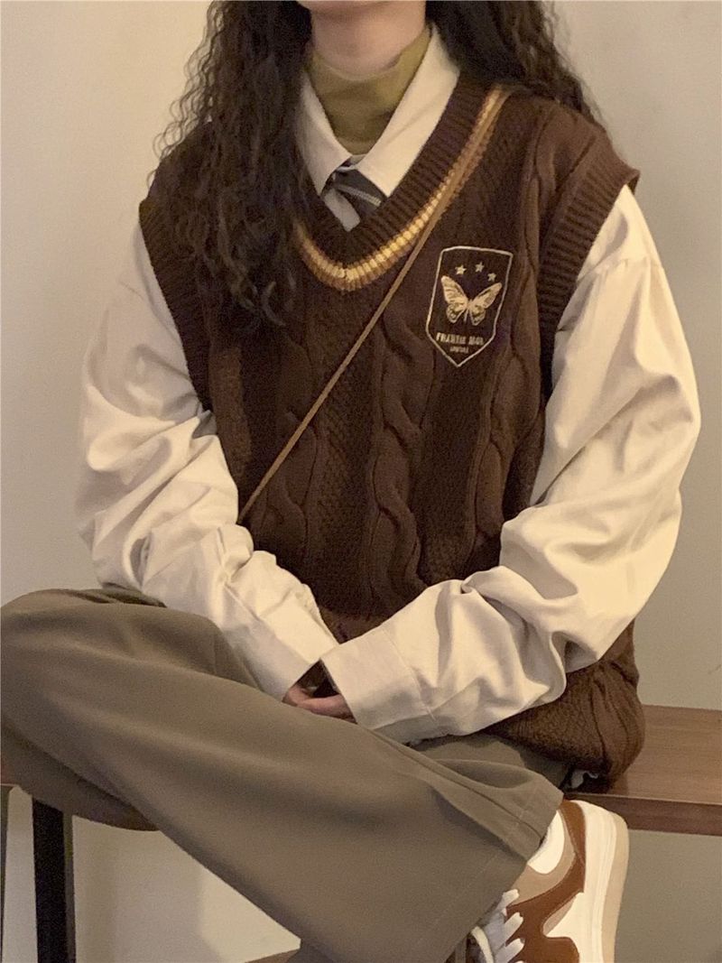 Nuovo articolo autunnale e invernale, gilet lavorato a maglia, maglione largo, stile college femminile, capospalla, top a strati in stile scolastico,_voghion.com