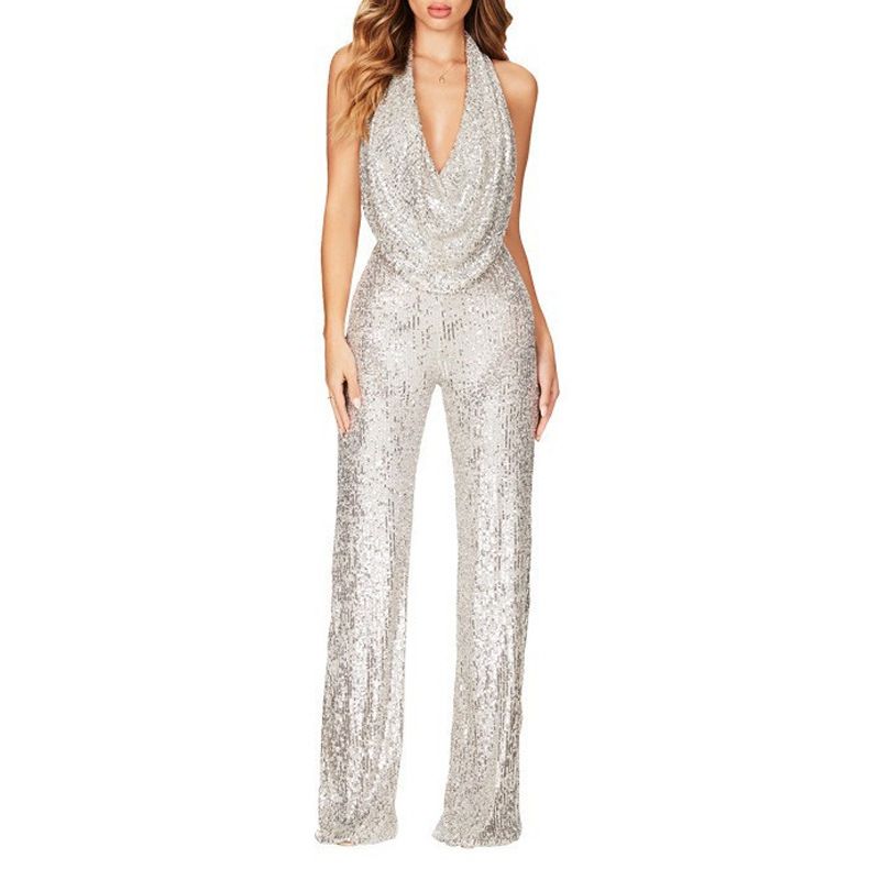 Women's Clothing Jumpsuit Sleeveless Halter Neck Sequin Jumpsuit Women_voghion.com