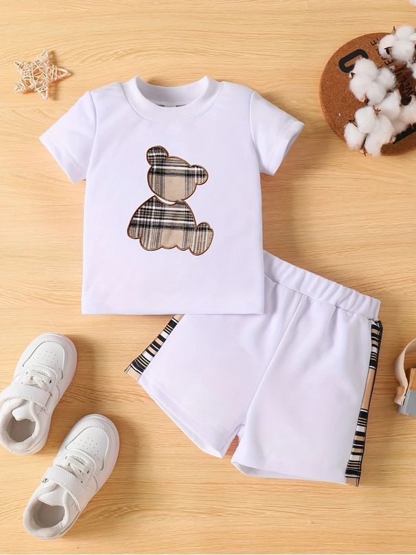 Cross Border INS Sommeranzug für Säuglinge und Kleinkinder im Bären-Print mit kurzärmeligem Oberteil und karierten Shorts_voghion.com