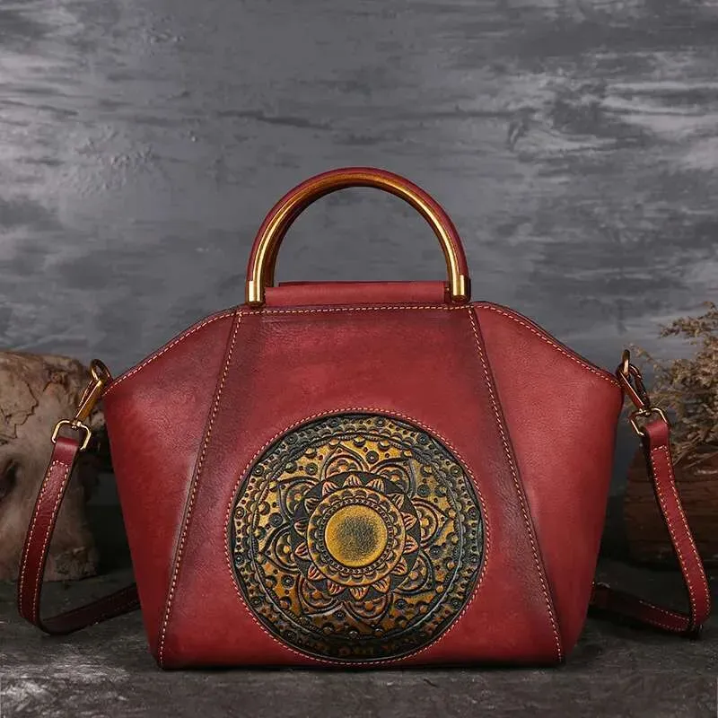 Designer 2025 Echtes Emed Leder Messenger Top Griff Retro Handtasche Totem Muster Hohe Qualität Natürliche Haut Frauen_voghion.com