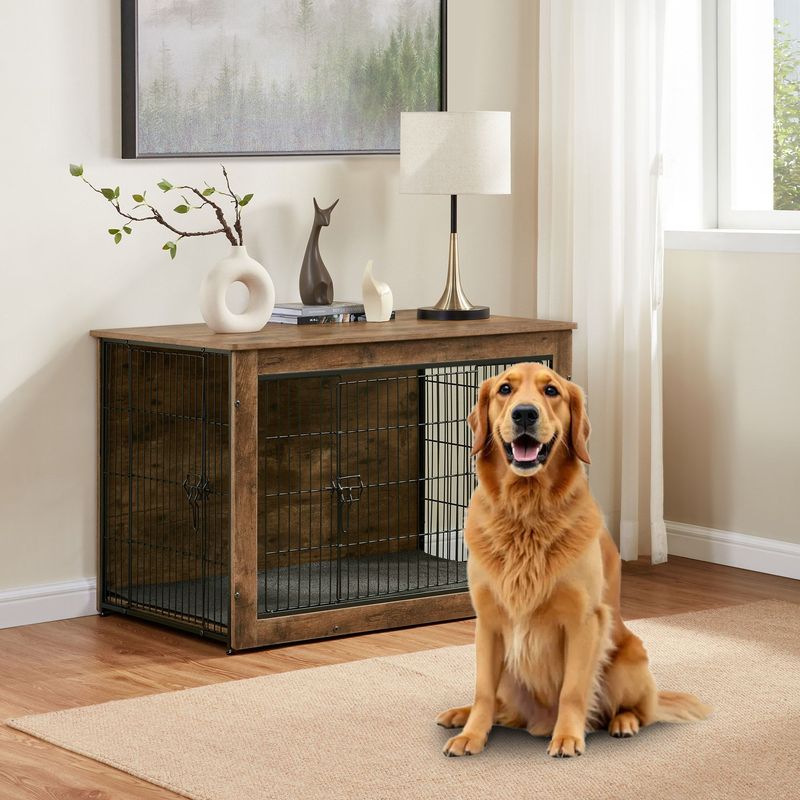 Dog Kennel Furniture, Wooden Dog Crate End Table, Heavy Duty Dog Crate, Decorative Pet Crate Dog Cage For Large Indoor Use (Rustic Brown) 44" L×30" W×32"H_voghion.com