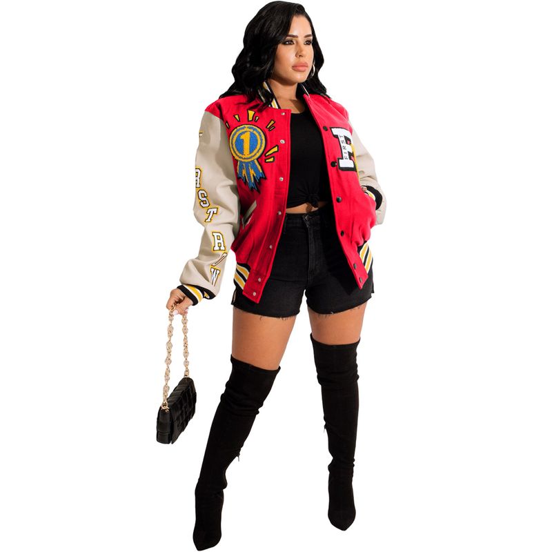 Women's Clothing JR3666 supply clothing print color matching button buckle baseball jacket_voghion.com