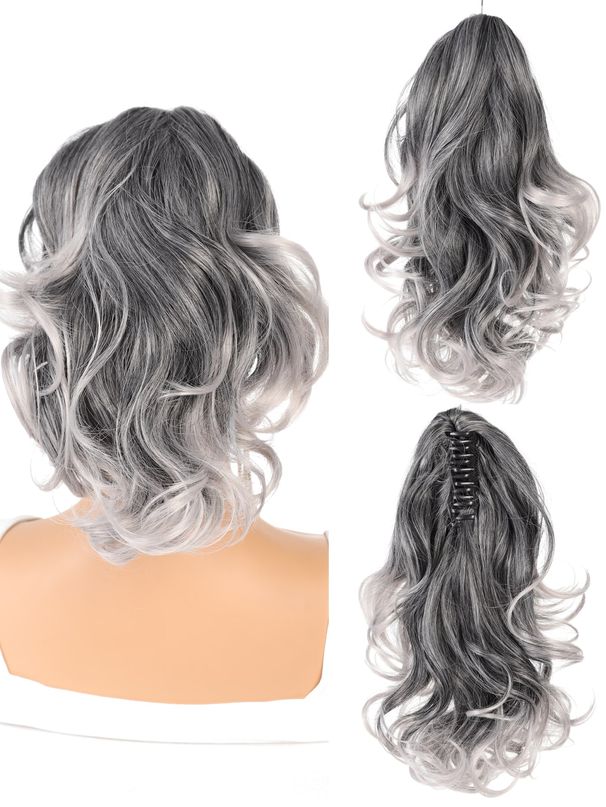 Halteclip für kurze, gekräuselte Hochtemperatur-Seidenperücke, Pferdeschwanz, grau_voghion.com