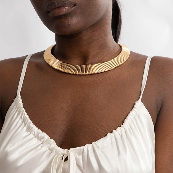 Tocona Vintage Overdreven Goud Zilverkleurige Chunky Choker Voor Vrouwen Gestreepte Kraagketting Met Verstelbare Ketting Sieraden_voghion.com