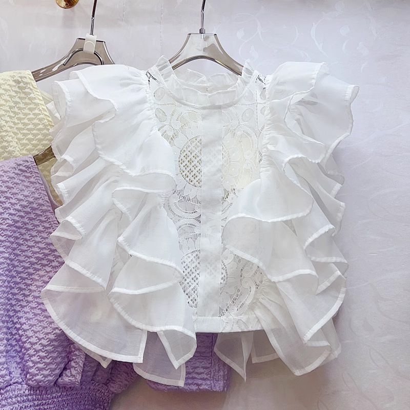 Women's Ruffle Stitching Crochet Hollow Stand-up Collar Lace Shirt Women's Chic Tops_voghion.com