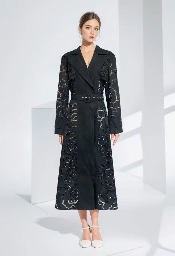 Odzież damska handel transgraniczny styl retro dekolt w serek pasek w talii pusta kurtka wiatrówka damska 2023 jesień nowy_voghion.com