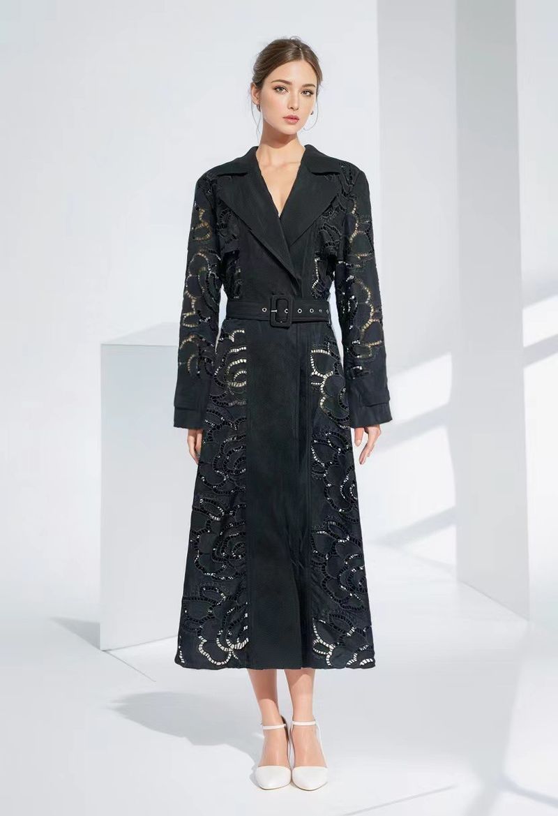 Veste coupe-vent ajourée pour femme, vêtement de style rétro transfrontalier, col en v, ceinture à la taille, nouvelle collection automne 2023_voghion.com