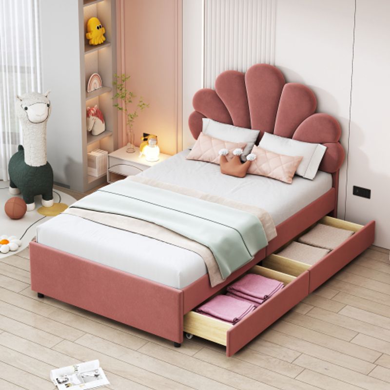 Polsterbett Kinderbett 90 X 200 Cm, Bettrahmen Mit Geblümtem Kopfteil Und Lattenrost, Mit 2 Ablagefächern, Mädchenbett-Gästebett Aus Hautfreundlichem Samtstoff, Rosa_voghion.com
