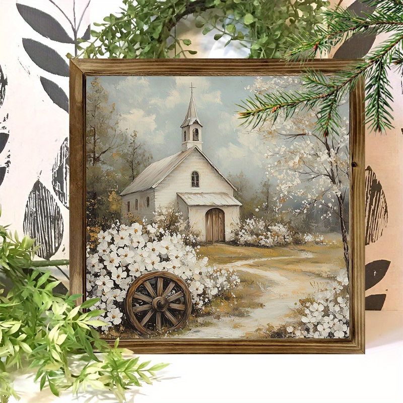 Rustiek wit kerkje met wilde bloemen, 20x20 cm, houten omlijsting - Boerderijmuurdecoratie voor woonkamer, kantoor of vintage vakantiecadeau_voghion.com