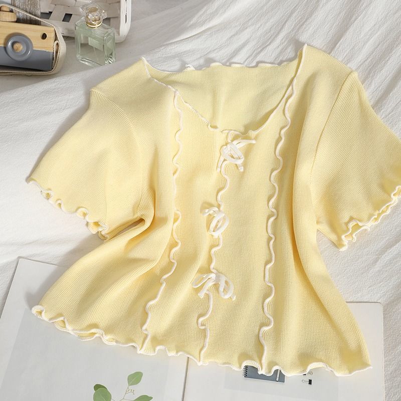Kids Clothing style girls' short-sleeved T-shirt with wooden ears, casual and fashionable loose short-sleeved tops for middle and large children_voghion.com