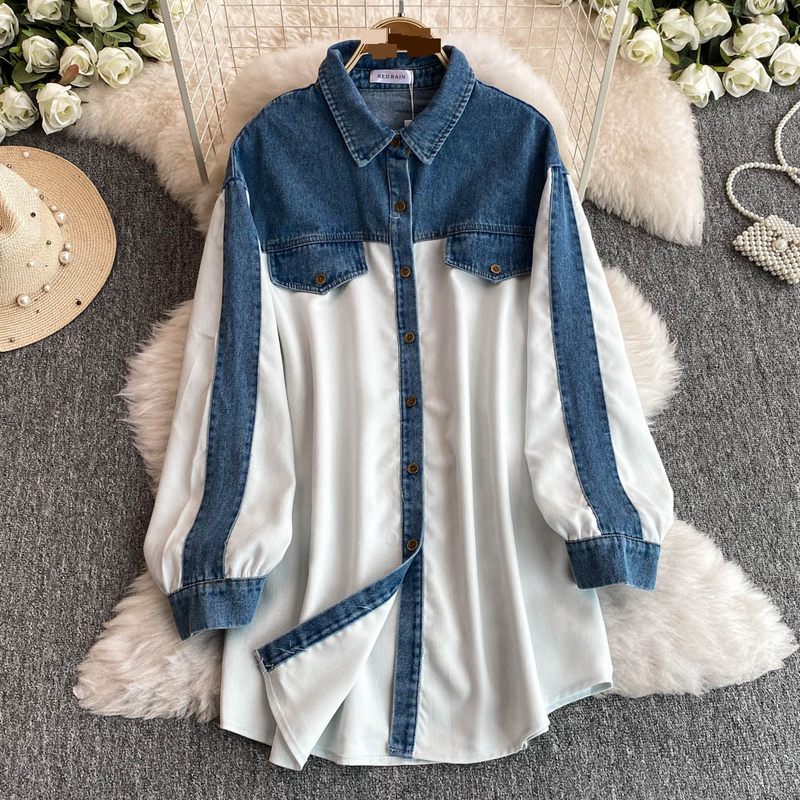 Kadın Giyim denim patchwork ekose gömlek kadınlar için şık ve yaş azaltıcı bol günlük tasarım üstleri yeni stil trendi_voghion.com