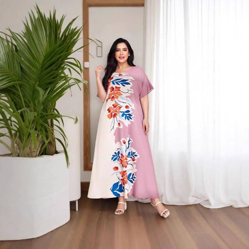 Women's Clothing Muslim Digital Printing Short Sleeve Light Color Elegant Ladies Long Dress_voghion.com