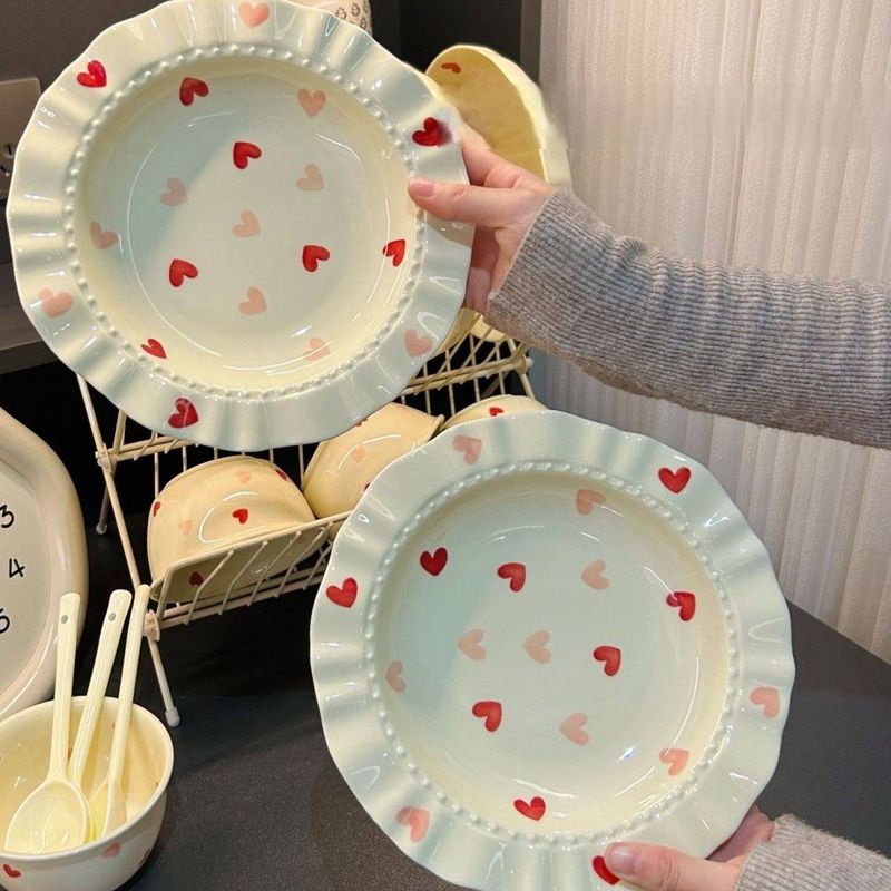 (2-pack) Cream Love Lace Straw Hat Home Deep Plate Vegetable Plate Ceramic Pasta High Beauty Salad Plate_voghion.com