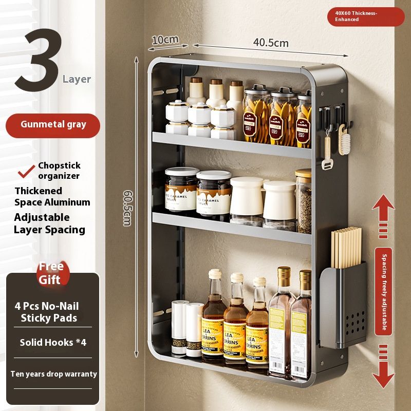 Space Aluminum Wall-Mounted Kitchen Organizer - No-Drill Spice Rack With Adjustable Shelves & Utensil Hooks (Chopstick Holder & Spice Grids Options)​_voghion.com