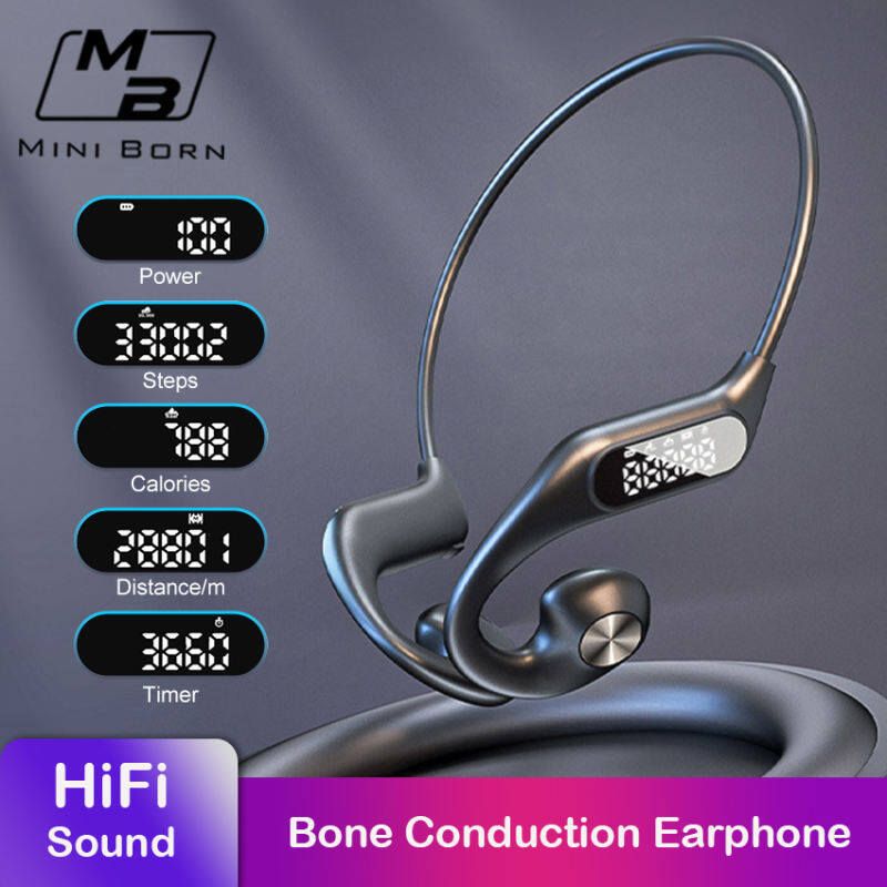 Mini Born Bone Conduction Earphone Wireless Bluetooth 5.3 Step Counting Headset Non-In-Ear Earbuds Gaming Music Modes LED Display for Running Bicycli_voghion.com