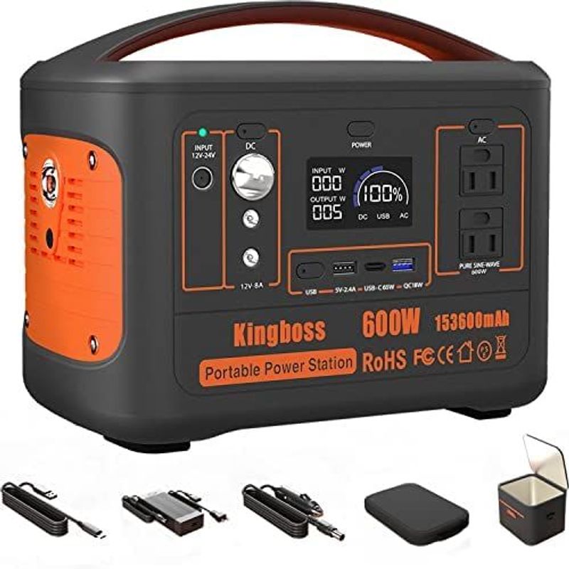 Solar Generator Portable Power Station 600W (Peak 1200W) Kingboss; 153600mAh 568WH; Lithium Battery 110V/600W; AC Outlet; 2*DC Carport; 2*USB-C_voghion.com