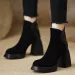 2024 Women's Fashion Boots: Chunky Heel Round Toe Versatile Booties, Black/Coffee 6b68_voghion.com