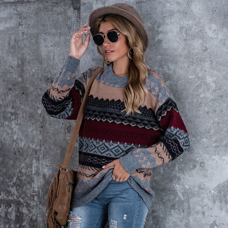 New ethnic style knitted diamond shaped pullover casual loose sweater for women_voghion.com