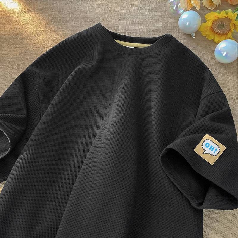 Men's Clothing Side Embroidered Waffle Short-sleeved T-shirt Men's Summer Loose Half-sleeved T-shirt Brand Heavy Style Bottoming Shirt_voghion.com