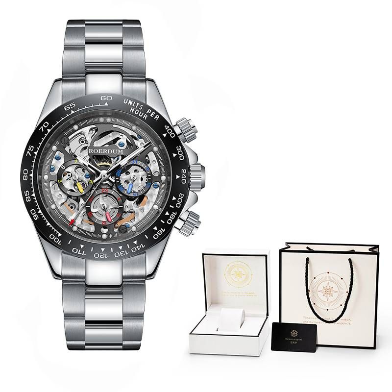 ROERDUM Daytona Series Mechanical Movement Stainless Steel Bracelet Black Dial Stylish Men's Mechanical Watch_voghion.com