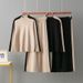 Set van een gebreide trui met semi-coltrui en een wijde broek voor dames - Stijlvolle tweedelige outfit voor herfst en lente - Zwart en kaki (één maat)_voghion.com