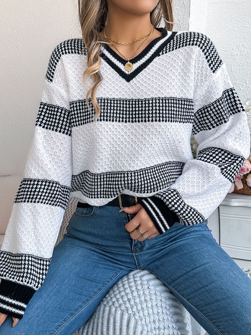 Maglione pullover a maniche lunghe con scollo a V e righe a contrasto, abbigliamento da donna_voghion.com