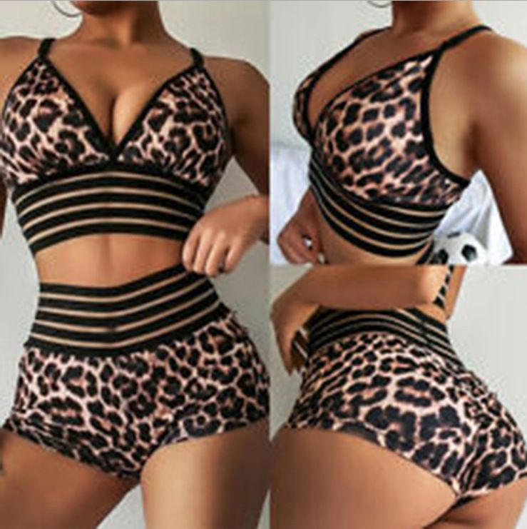 Maillot de bain deux pièces sexy taille haute à imprimé léopard pour femme_voghion.com