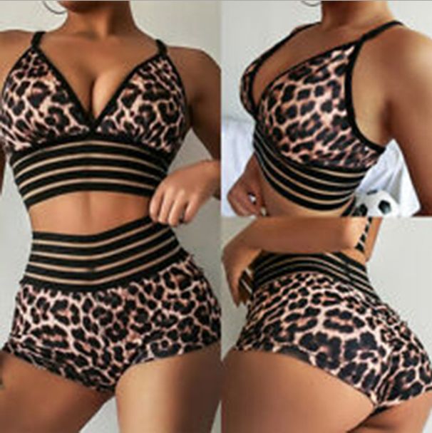 Maillot de bain deux pièces sexy taille haute à imprimé léopard pour femme_voghion.com
