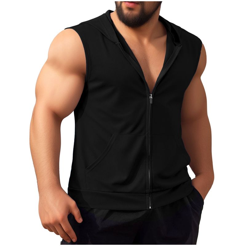 Men's Clothing Summer New Men's Sleeveless Hooded Casual Sports Solid Color Vest_voghion.com