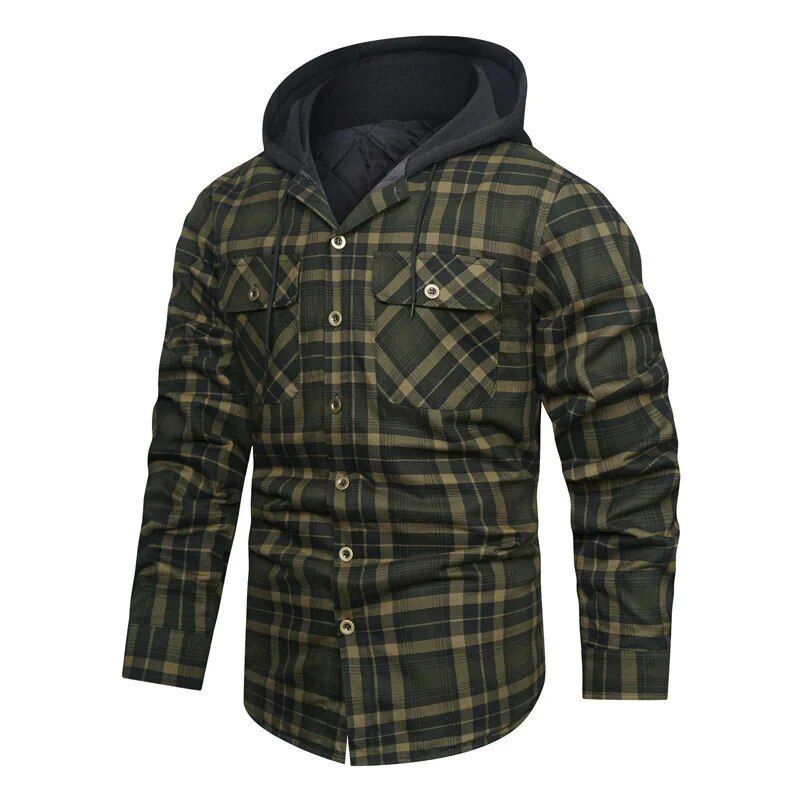 Camicie a quadri autunno inverno Camicie da uomo a maniche lunghe con cappuccio Giacca a vento militare Camicie da uomo monopetto maschile di grandi dimensioni M-4XL_voghion.com