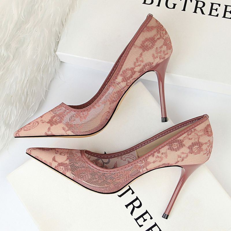 Sexy slim high heels women's stiletto heels shallow cut pointy net hollowing Lace sandals_voghion.com