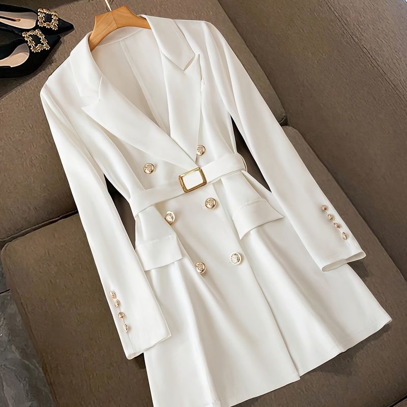 Blazer elegante da donna per ufficio - Classico design doppiopetto con revers a lancia, tessuto elasticizzato in poliestere, giacca professionale bianca_voghion.com