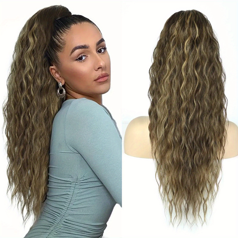 26inch long chemical fiber ponytail wig hair extension drawstring elastic net natural fluffy water ripple corn perm wig braid_voghion.com