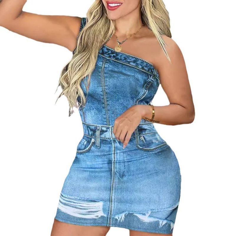 Women's clothing imitation denim pattern printed one-shoulder dress_voghion.com