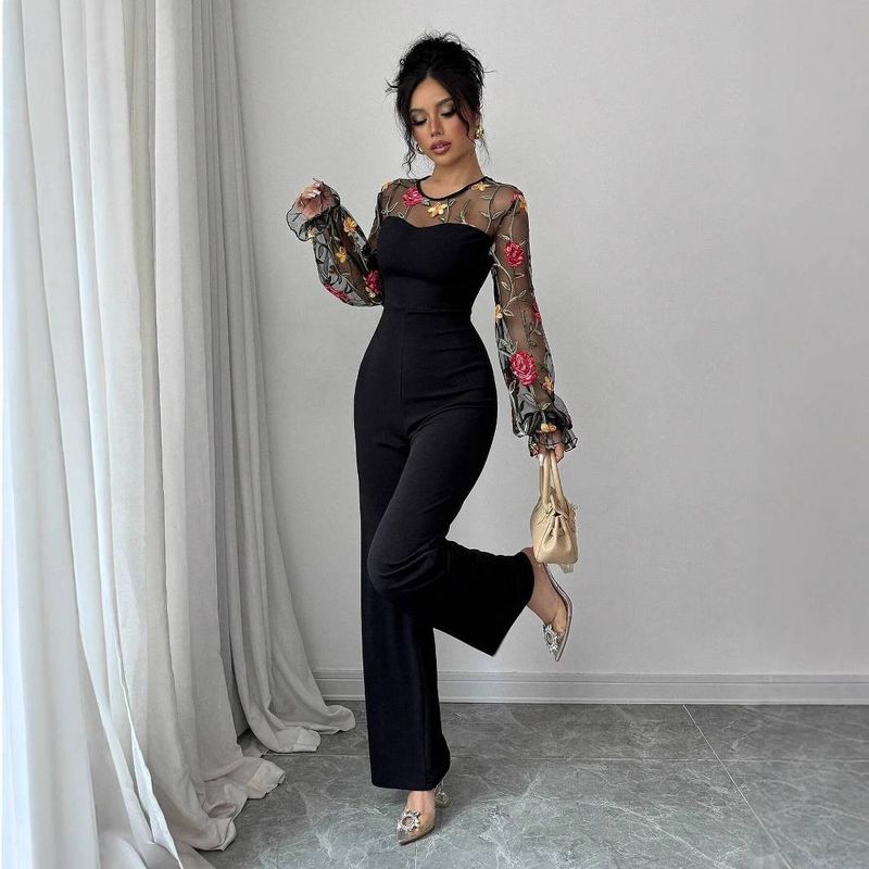 Women's Long Sleeved Jumpsuit Embroidered Mesh Embroidery Patchwork Receiving Waist Tight Jumpsuit_voghion.com