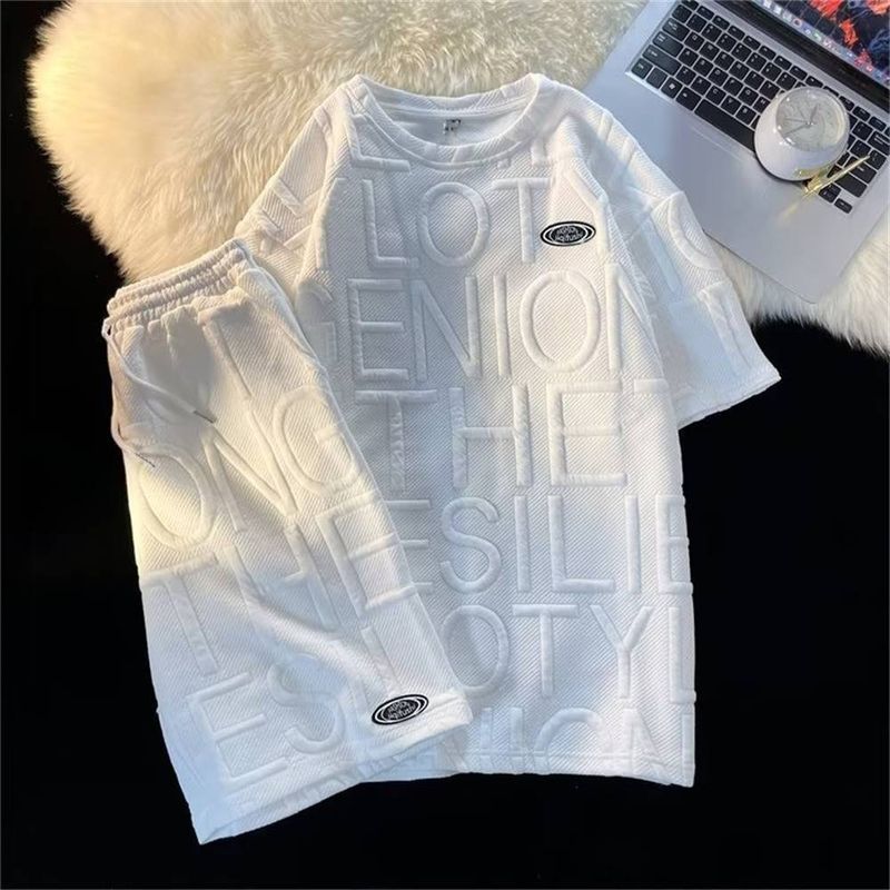 Man's Clothing 2025 New Casual Sports Suit Men's And Women's Waffle College Style Short Sleeve T-Shirt Loose Letter Shorts Summer Two-Piece Set M-3XL_voghion.com