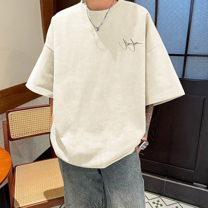 Suede T-shirt Men's Short Sleeved Summer Retro Minimalist Trendy Brand Seven And A Half Sleeve T-shirt_voghion.com