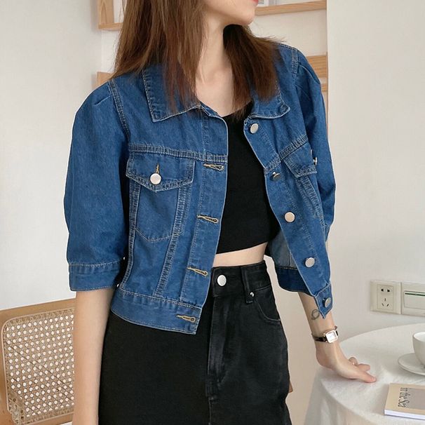 Retro Hong Kong Style Women's Denim Jacket - Short Sleeve Slim Fit Washed Casual Top For Spring Summer_voghion.com