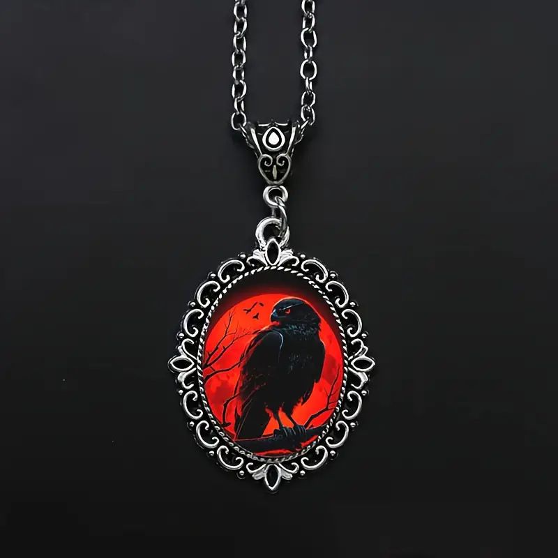 Collana con ciondolo ovale in vetro a forma di corvo gotico, gioielli da uomo in stile punk, regalo_voghion.com