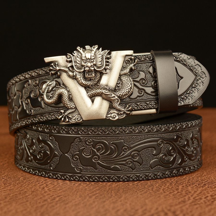 New Male China Dragon Belt Cowskin Genuine Leather Belt For Men Carving Dragon Pattern Automatic Buckle Belt Strap For Jeans B0033_voghion.com