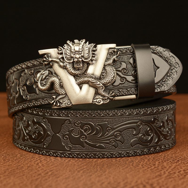 Ny mandlig Kina Dragon Bælte Cowskin Ægte Læder Bælte til Mænd Carving Dragon Mønster Automatisk Spænde Bæltestrop Til Jeans B0033_voghion.com
