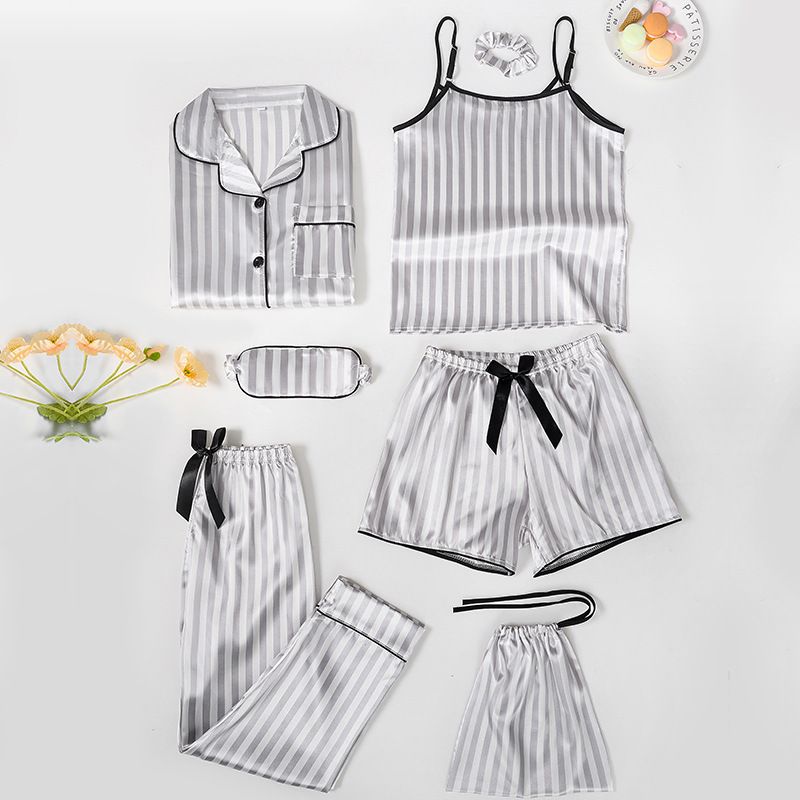 Mother & Kids Children's Silk Striped Pajamas Seven Piece Home Clothes Set_voghion.com